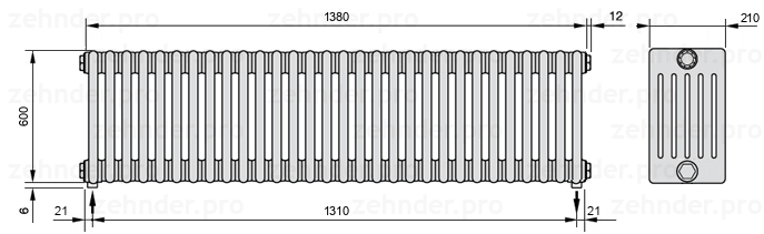 Схема (чертеж) Радиатор Zehnder Charleston 6060/30 №3570 Белый глянцевый RAL 9016